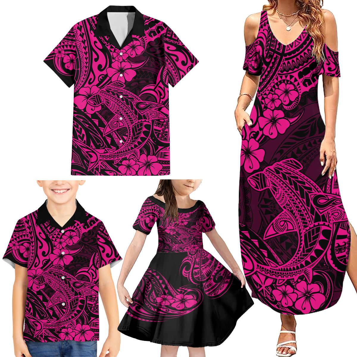 Hawaii Shark Family Matching Summer Maxi Dress and Hawaiian Shirt Polynesian Pattern Pink Version - Wonder Print Shop