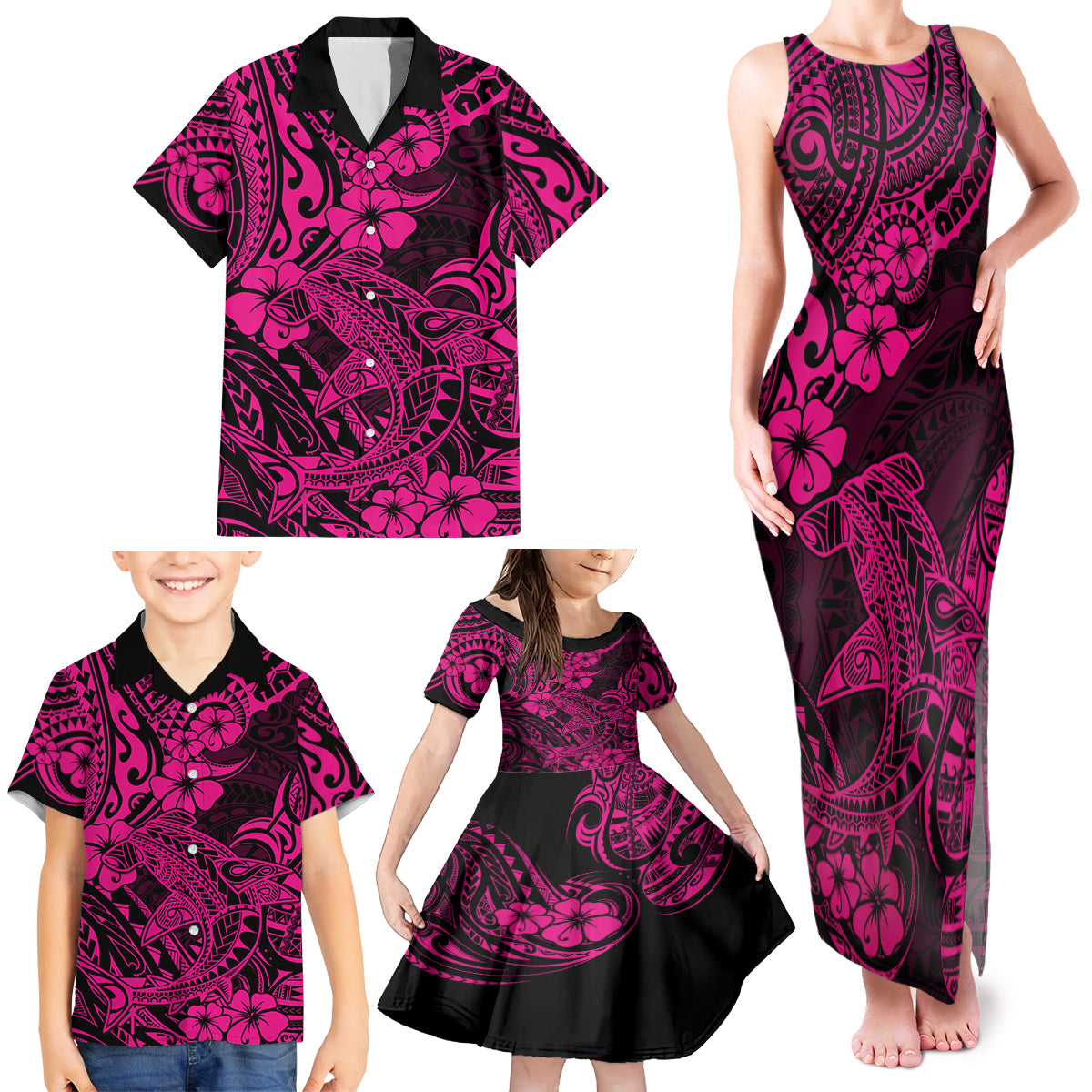 Hawaii Shark Family Matching Tank Maxi Dress and Hawaiian Shirt Polynesian Pattern Pink Version - Wonder Print Shop