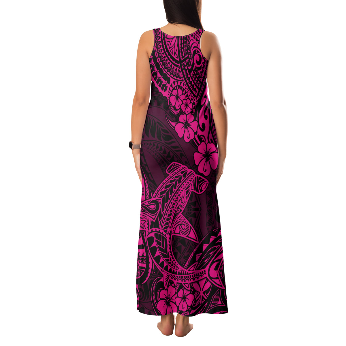 Hawaii Shark Family Matching Tank Maxi Dress and Hawaiian Shirt Polynesian Pattern Pink Version - Wonder Print Shop
