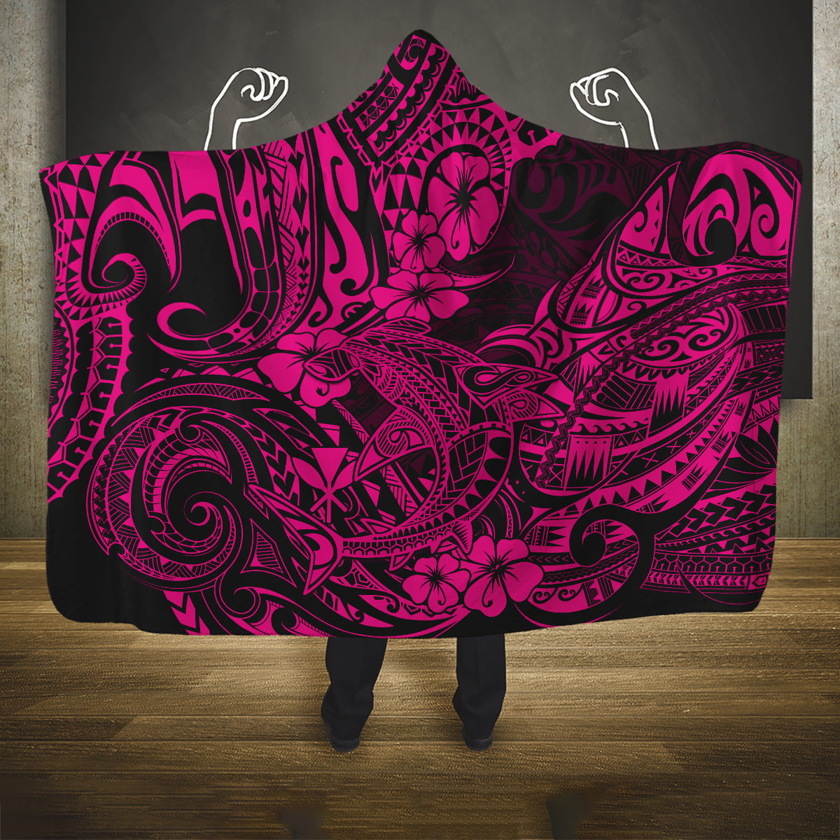hawaii-shark-hooded-blanket-polynesian-pattern-pink-version
