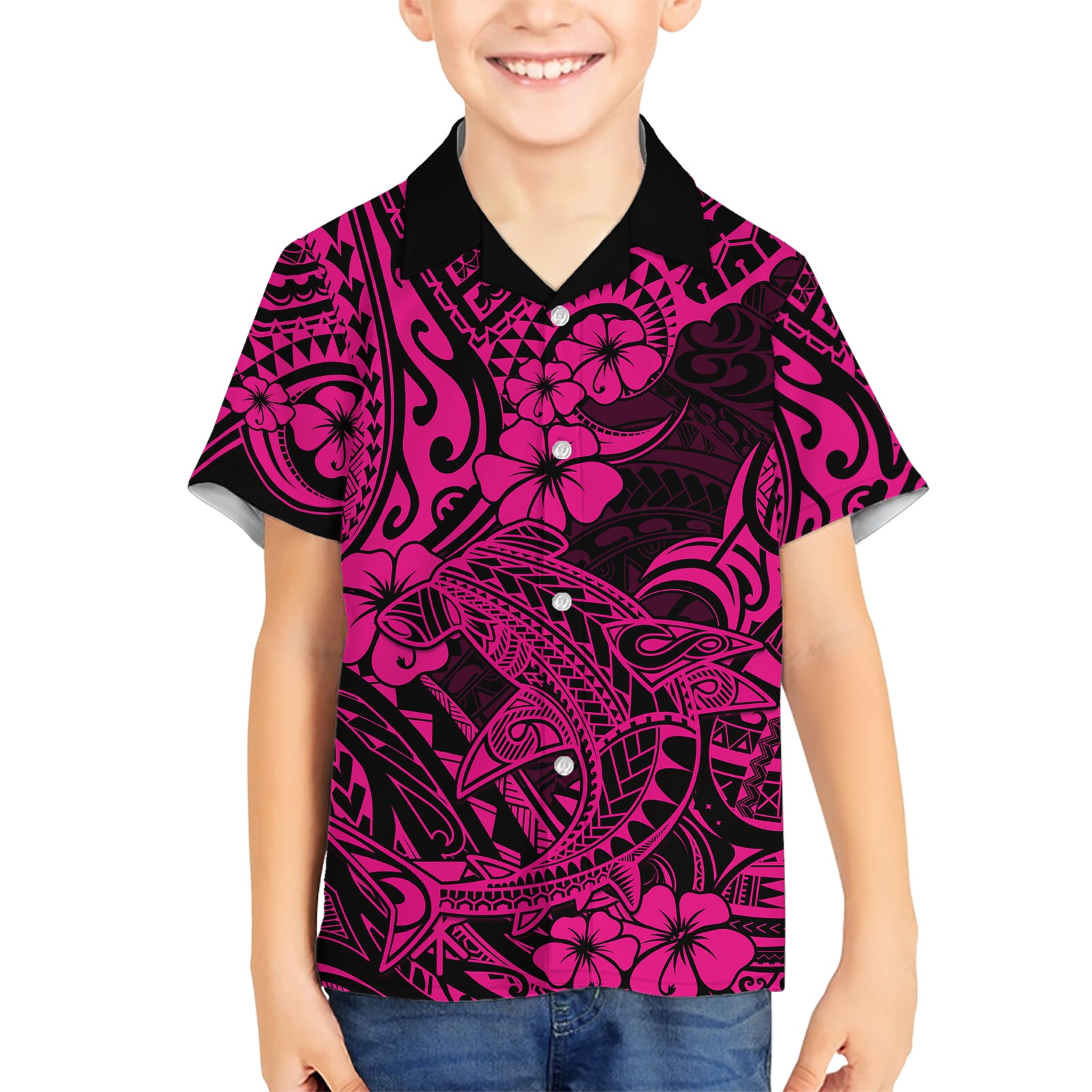 Hawaii Shark Kid Hawaiian Shirt Polynesian Pattern Pink Version - Wonder Print Shop