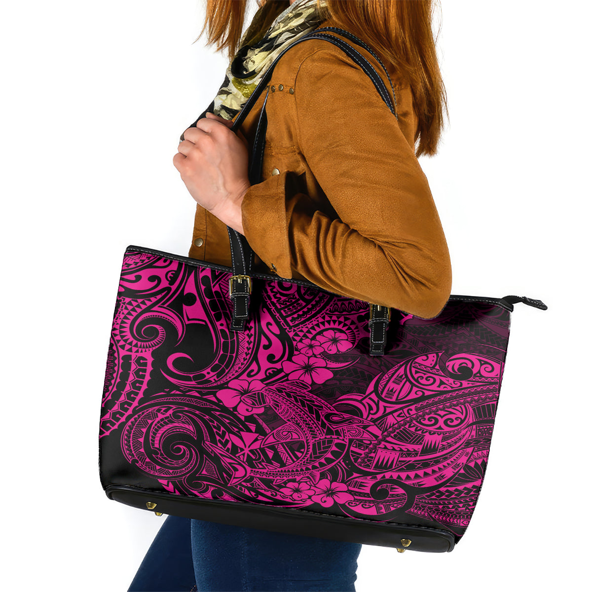 Hawaii Shark Leather Tote Bag Polynesian Pattern Pink Version - Wonder Print Shop