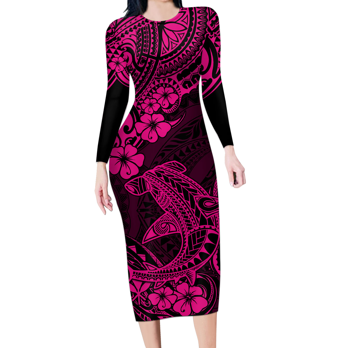 Hawaii Shark Long Sleeve Bodycon Dress Polynesian Pattern Pink Version - Wonder Print Shop