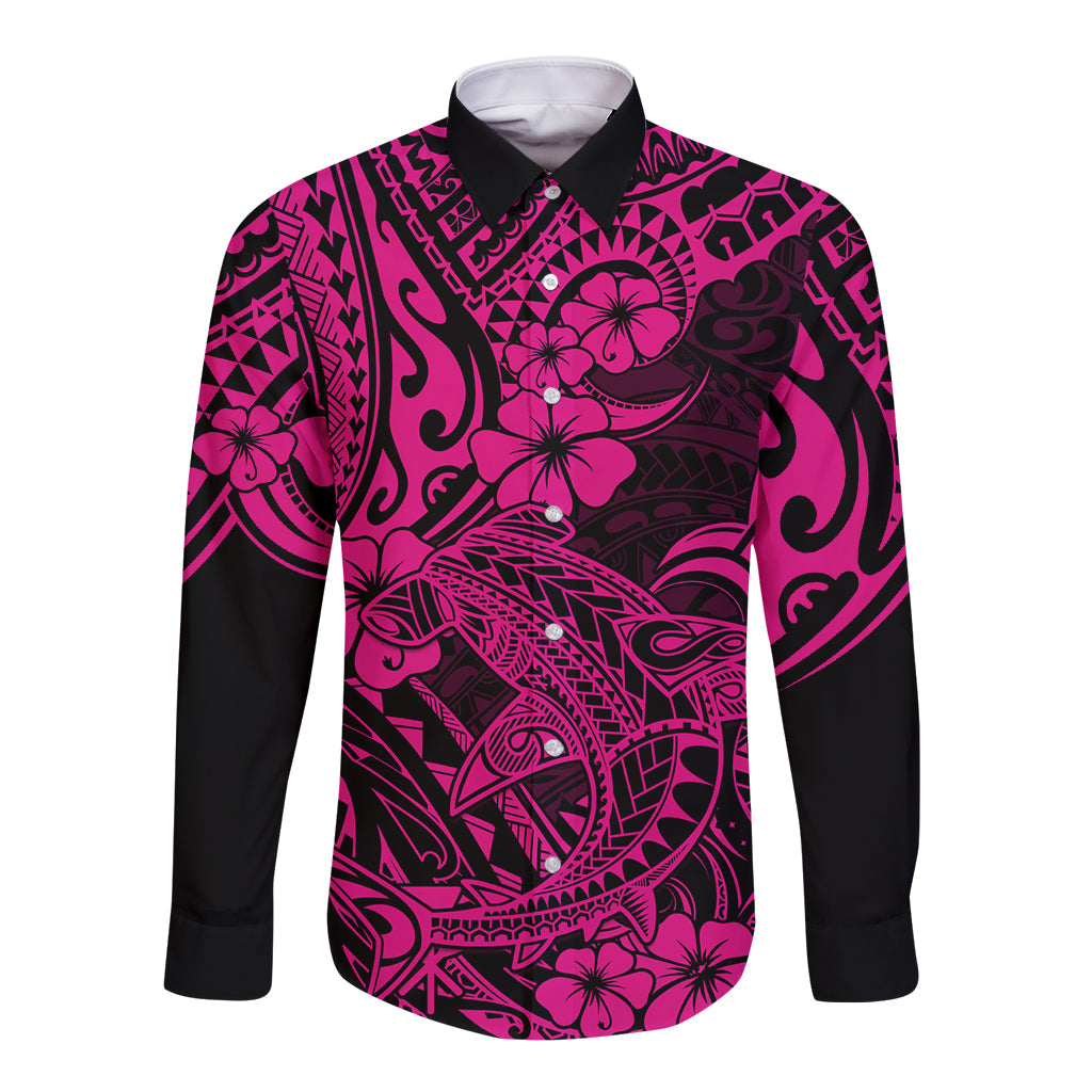 Hawaii Shark Long Sleeve Button Shirt Polynesian Pattern Pink Version - Wonder Print Shop