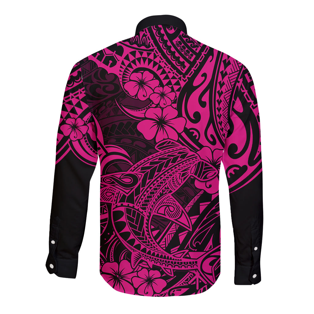 Hawaii Shark Long Sleeve Button Shirt Polynesian Pattern Pink Version - Wonder Print Shop