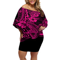 Hawaii Shark Off Shoulder Short Dress Polynesian Pattern Pink Version - Wonder Print Shop