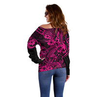 Hawaii Shark Off Shoulder Sweater Polynesian Pattern Pink Version - Wonder Print Shop
