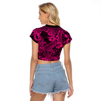 Hawaii Shark Raglan Cropped T Shirt Polynesian Pattern Pink Version - Wonder Print Shop