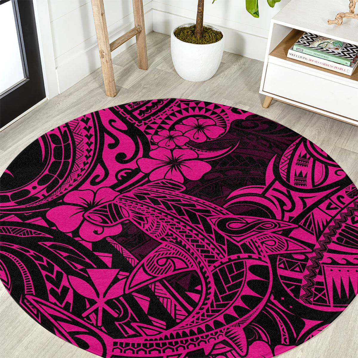 hawaii-shark-round-carpet-polynesian-pattern-pink-version