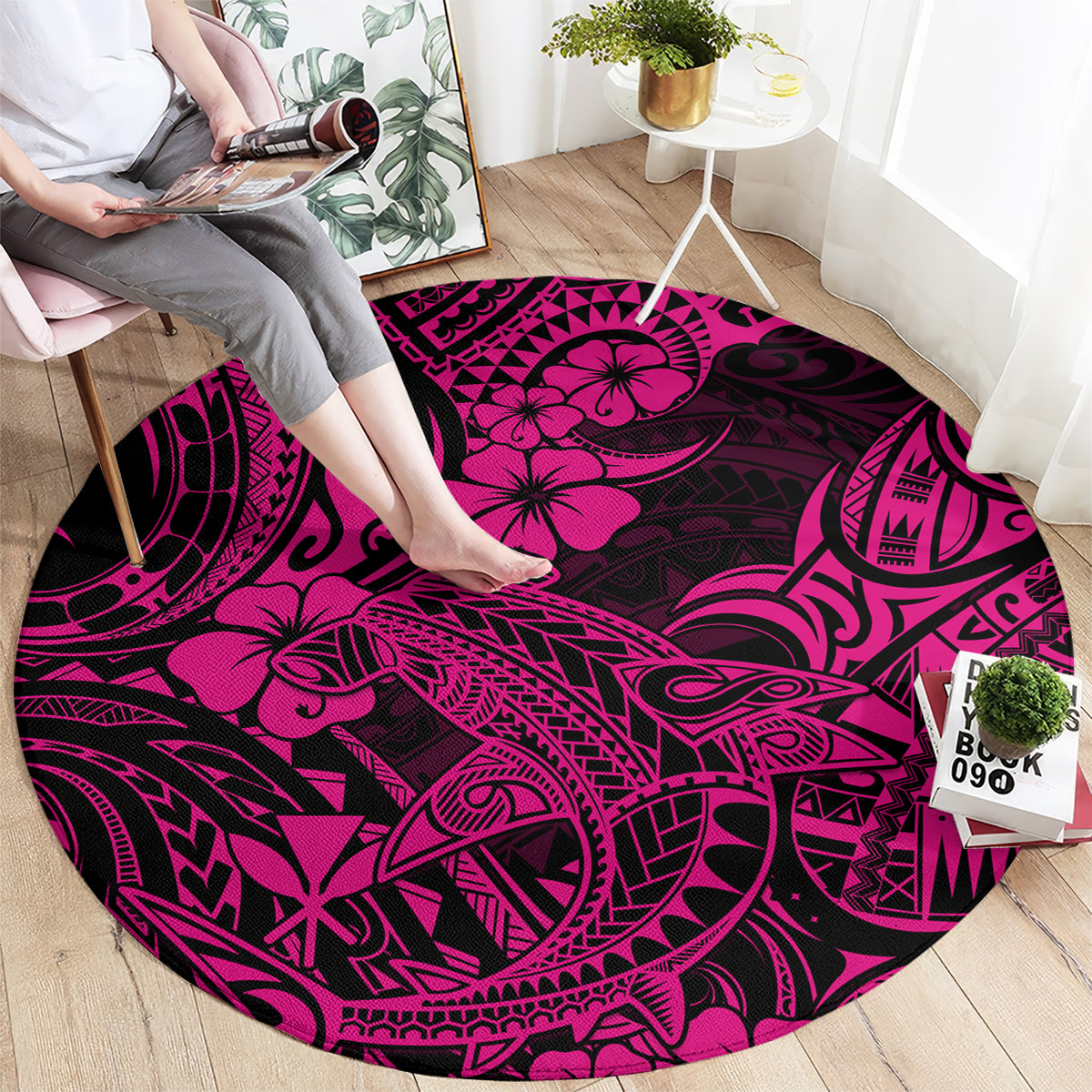 hawaii-shark-round-carpet-polynesian-pattern-pink-version