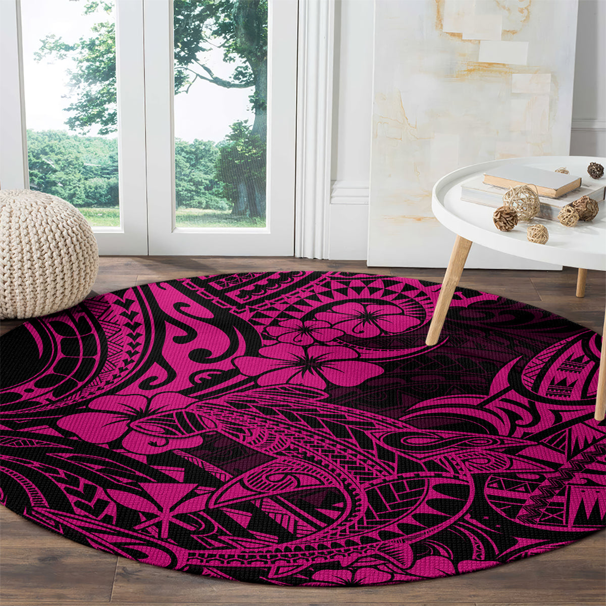 hawaii-shark-round-carpet-polynesian-pattern-pink-version