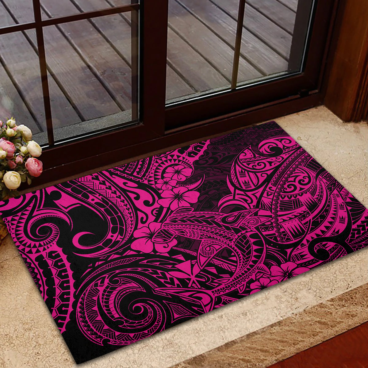 Hawaii Shark Rubber Doormat Polynesian Pattern Pink Version - Wonder Print Shop