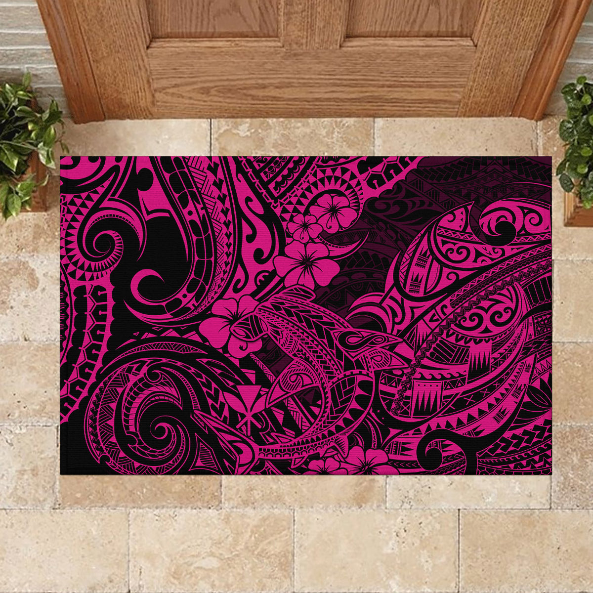 Hawaii Shark Rubber Doormat Polynesian Pattern Pink Version - Wonder Print Shop