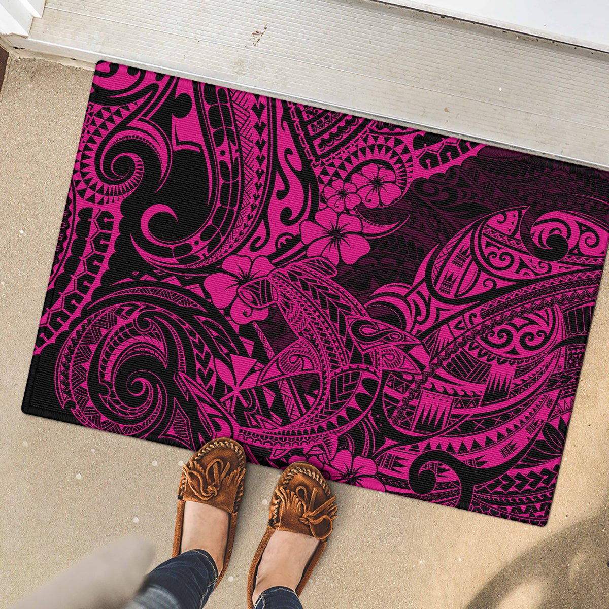 Hawaii Shark Rubber Doormat Polynesian Pattern Pink Version - Wonder Print Shop