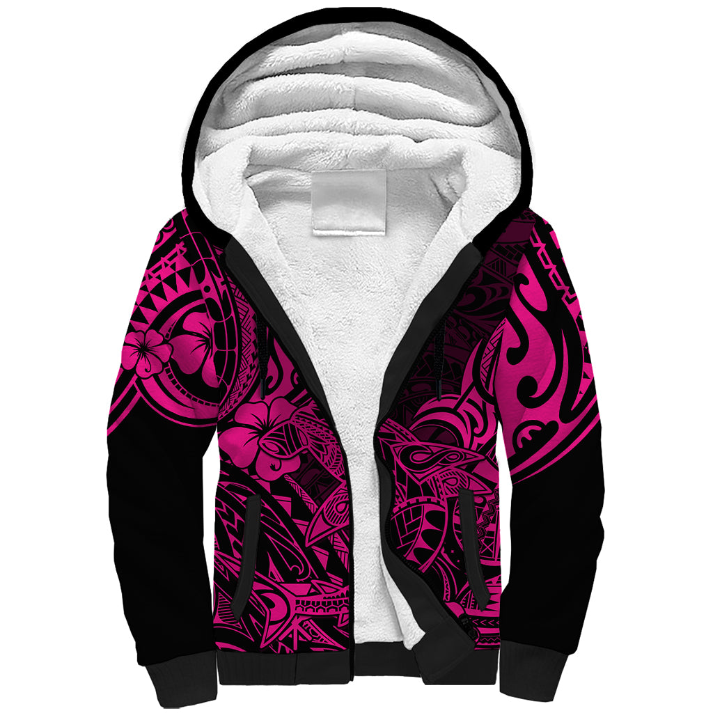Hawaii Shark Sherpa Hoodie Polynesian Pattern Pink Version - Wonder Print Shop