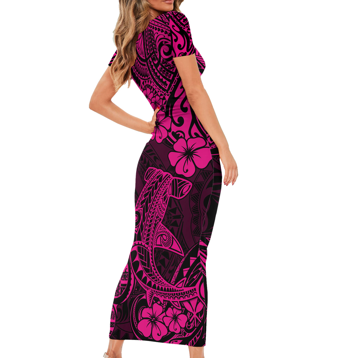Hawaii Shark Short Sleeve Bodycon Dress Polynesian Pattern Pink Version - Wonder Print Shop