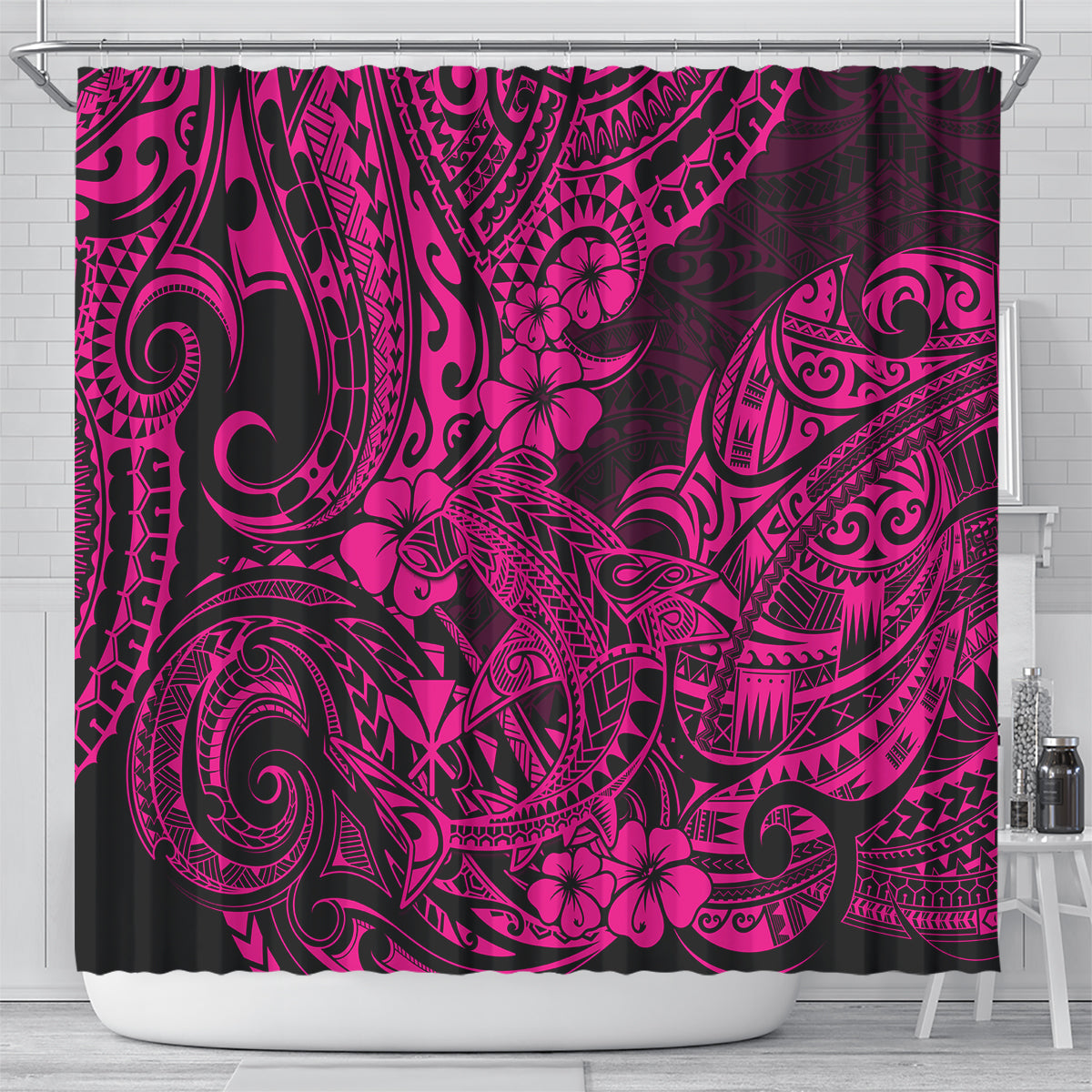 hawaii-shark-shower-curtain-polynesian-pattern-pink-version