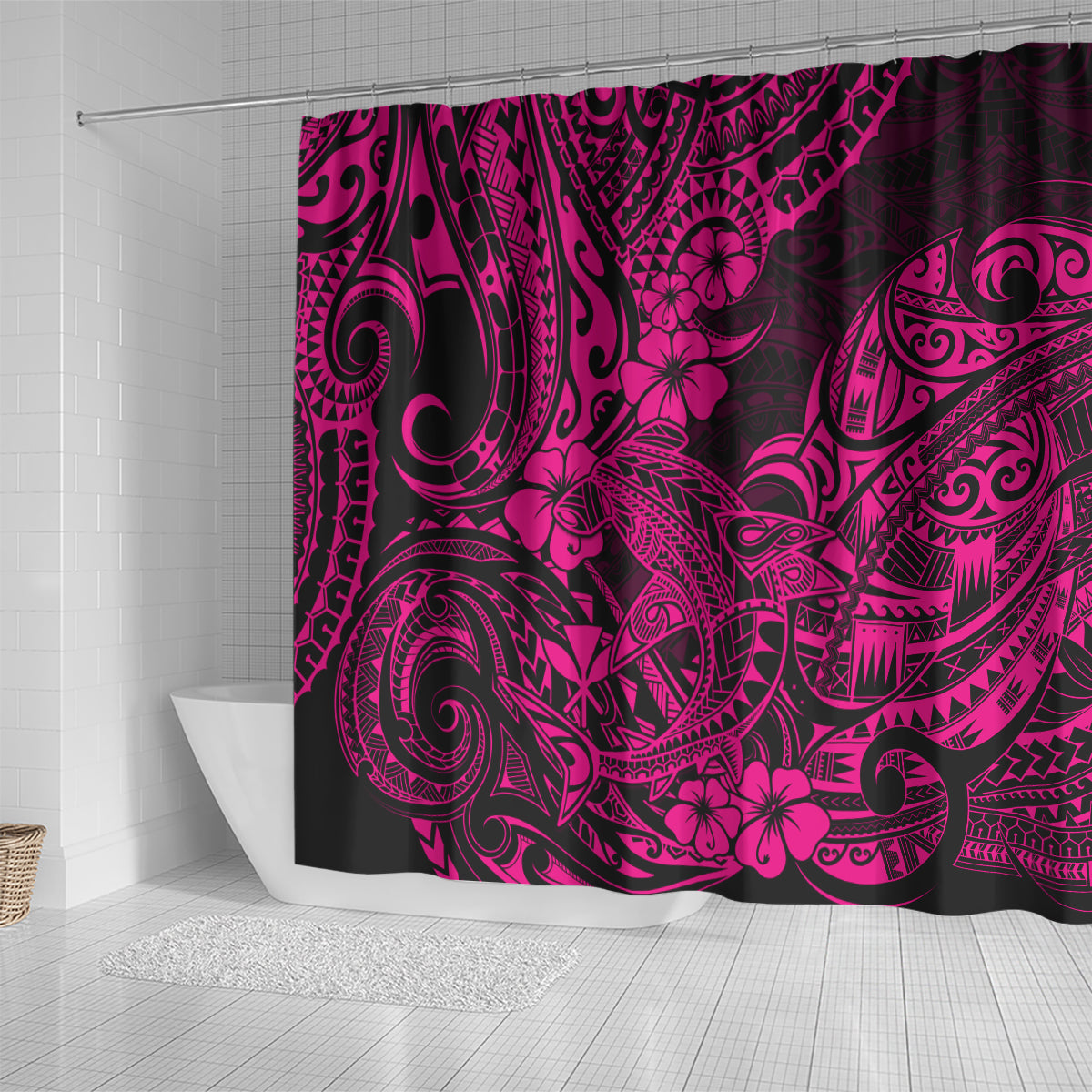hawaii-shark-shower-curtain-polynesian-pattern-pink-version