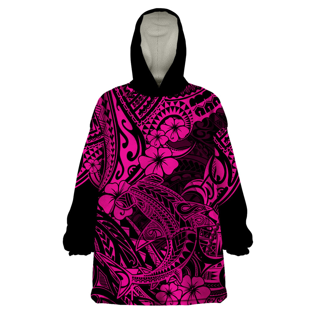 Hawaii Shark Wearable Blanket Hoodie Polynesian Pattern Pink Version - Wonder Print Shop