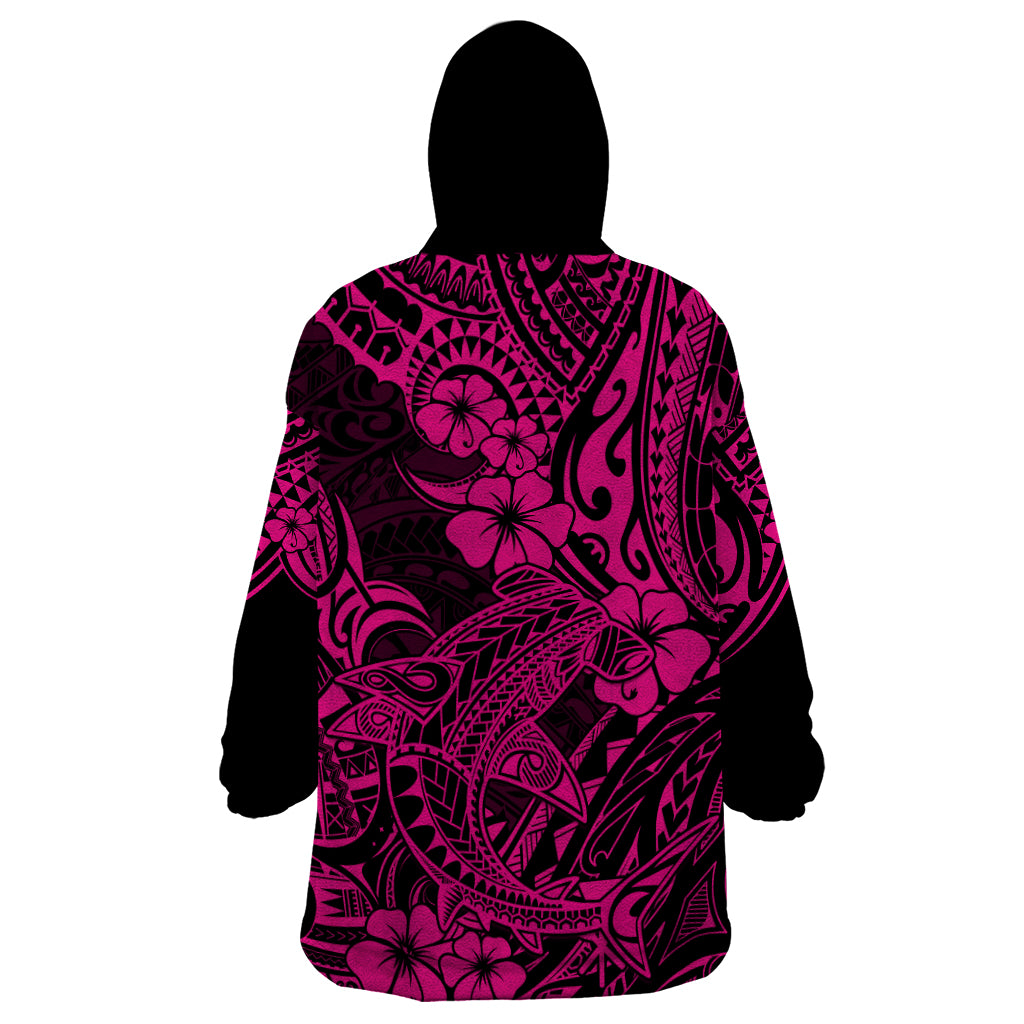 Hawaii Shark Wearable Blanket Hoodie Polynesian Pattern Pink Version - Wonder Print Shop