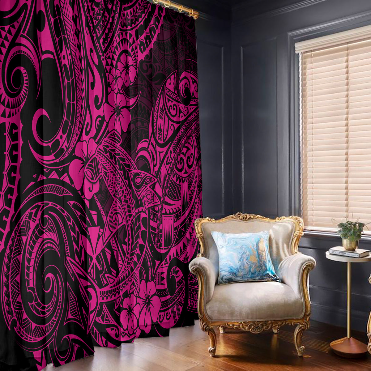 Hawaii Shark Window Curtain Polynesian Pattern Pink Version - Wonder Print Shop