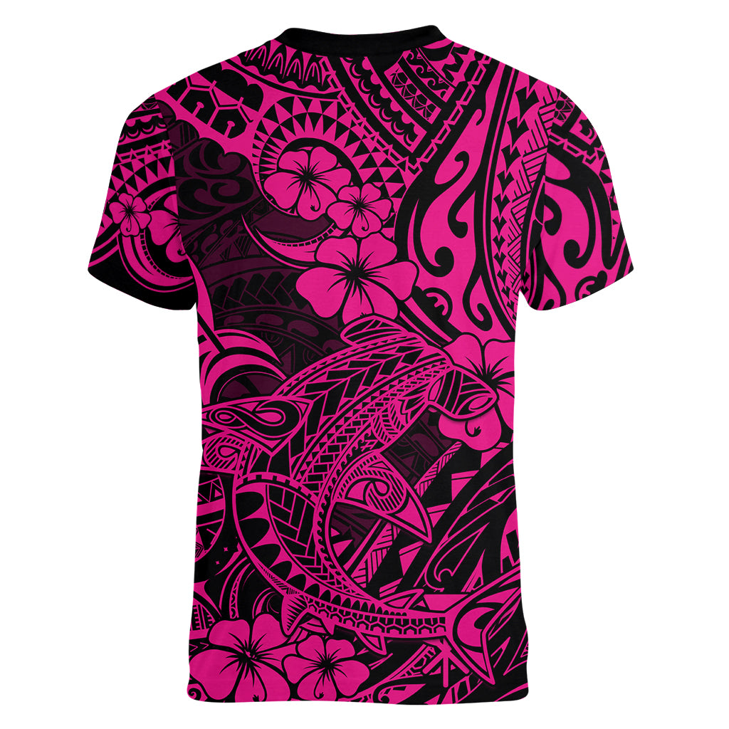 Hawaii Shark Women V Neck T Shirt Polynesian Pattern Pink Version - Wonder Print Shop