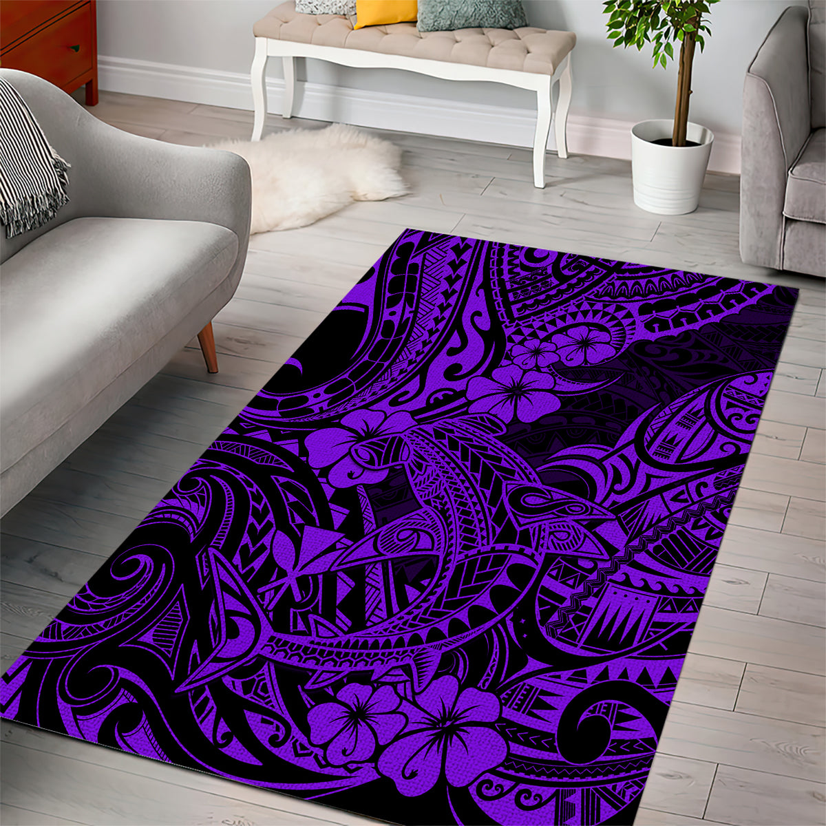 Hawaii Shark Area Rug Polynesian Pattern Purple Version - Wonder Print Shop