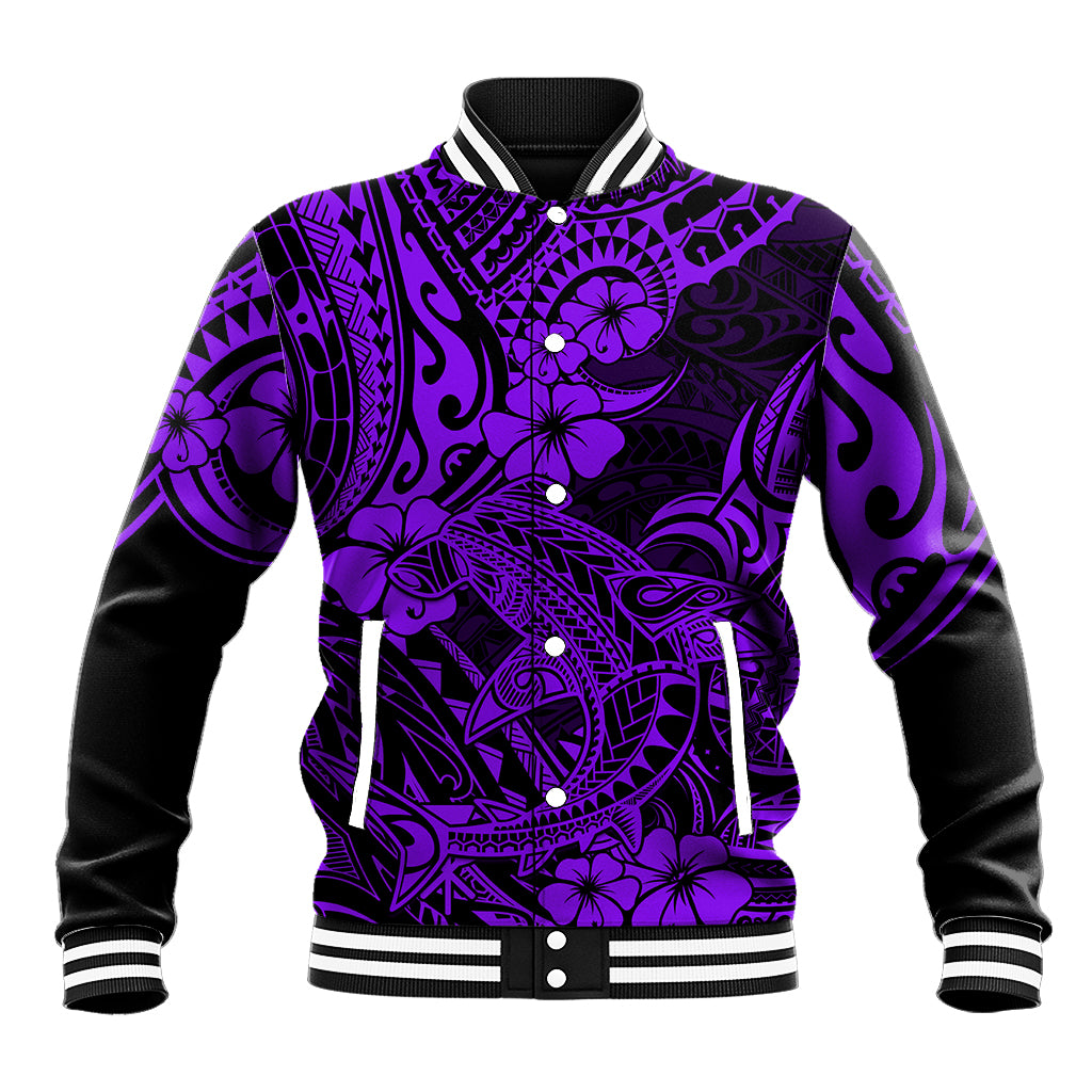 Hawaii Shark Baseball Jacket Polynesian Pattern Purple Version - Wonder Print Shop