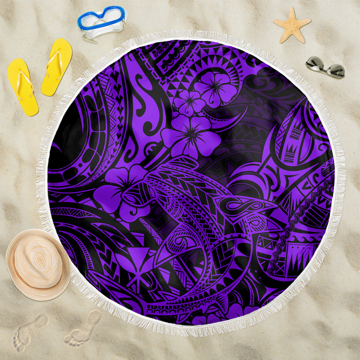 Hawaii Shark Beach Blanket Polynesian Pattern Purple Version - Wonder Print Shop