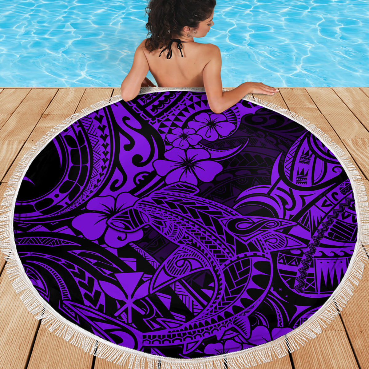 Hawaii Shark Beach Blanket Polynesian Pattern Purple Version - Wonder Print Shop