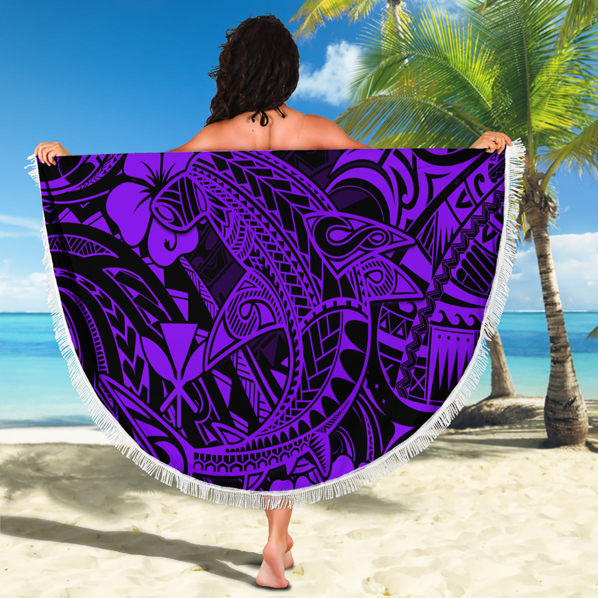Hawaii Shark Beach Blanket Polynesian Pattern Purple Version - Wonder Print Shop