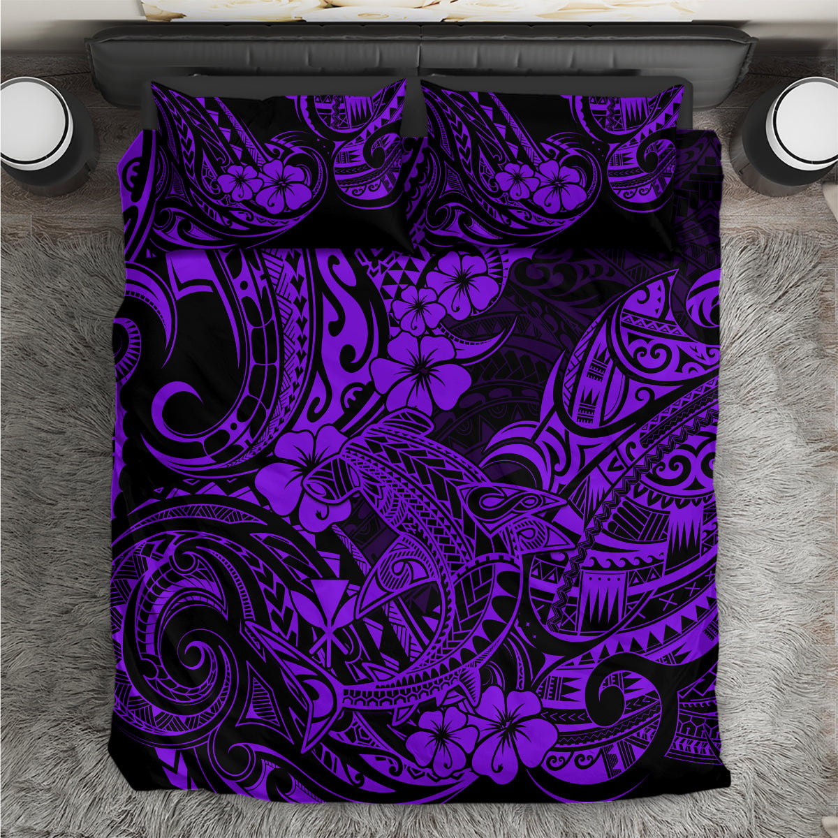 Hawaii Shark Bedding Set Polynesian Pattern Purple Version - Wonder Print Shop