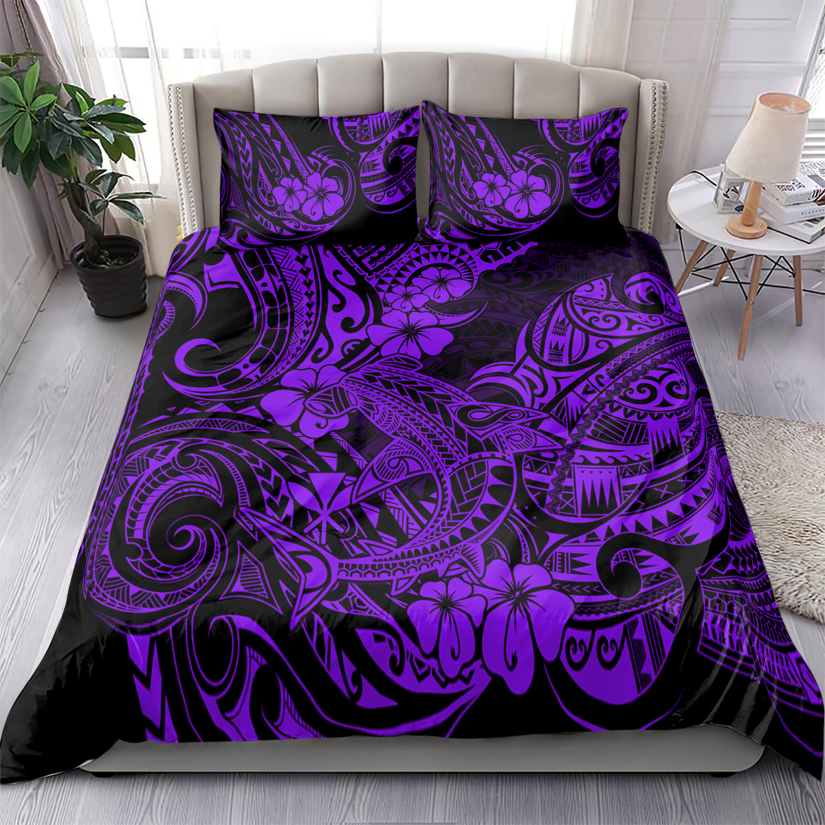 Hawaii Shark Bedding Set Polynesian Pattern Purple Version - Wonder Print Shop