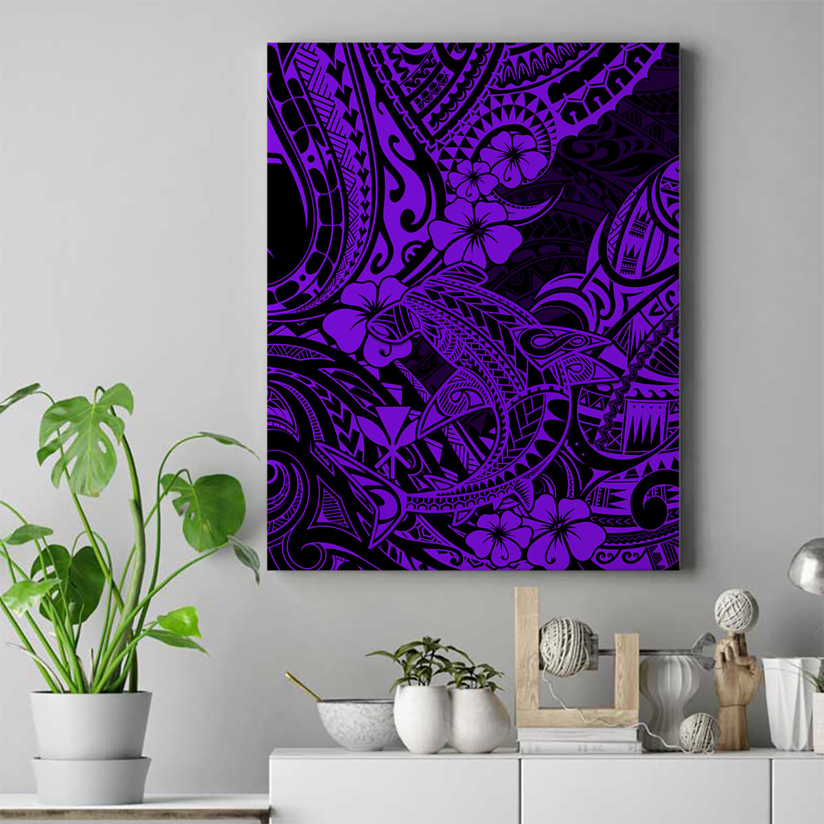 Hawaii Shark Canvas Wall Art Polynesian Pattern Purple Version - Wonder Print Shop