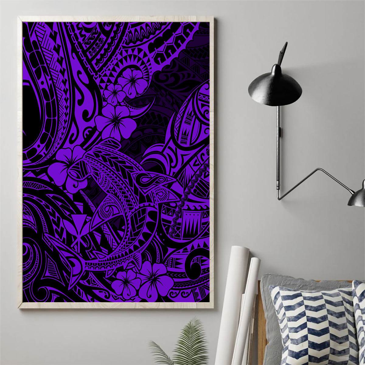 Hawaii Shark Canvas Wall Art Polynesian Pattern Purple Version - Wonder Print Shop
