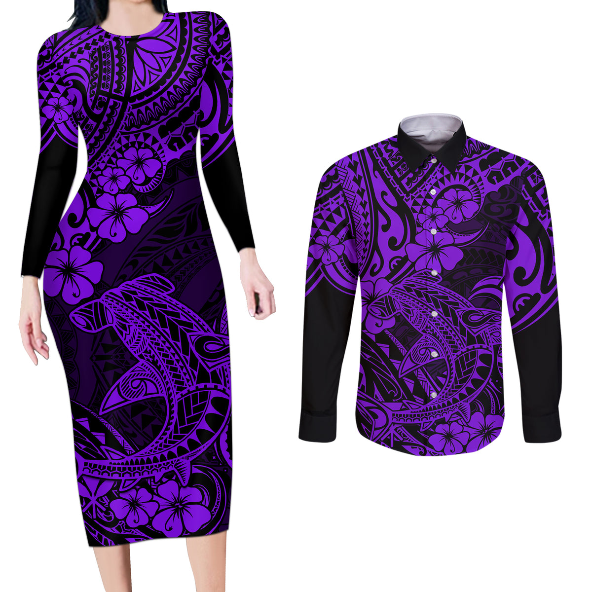 Hawaii Shark Couples Matching Long Sleeve Bodycon Dress and Long Sleeve Button Shirts Polynesian Pattern Purple Version - Wonder Print Shop