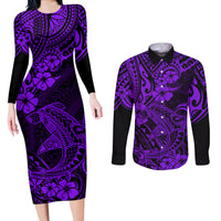 Hawaii Shark Couples Matching Long Sleeve Bodycon Dress and Long Sleeve Button Shirts Polynesian Pattern Purple Version - Wonder Print Shop