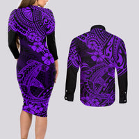 Hawaii Shark Couples Matching Long Sleeve Bodycon Dress and Long Sleeve Button Shirts Polynesian Pattern Purple Version - Wonder Print Shop