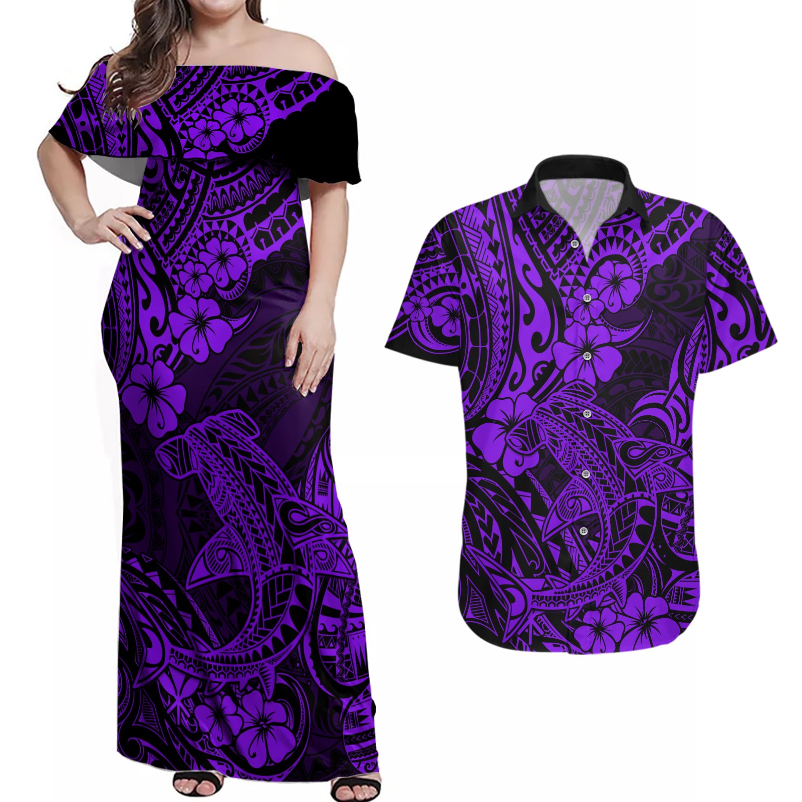 Hawaii Shark Couples Matching Off Shoulder Maxi Dress and Hawaiian Shirt Polynesian Pattern Purple Version - Wonder Print Shop