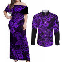 Hawaii Shark Couples Matching Off Shoulder Maxi Dress and Long Sleeve Button Shirts Polynesian Pattern Purple Version - Wonder Print Shop
