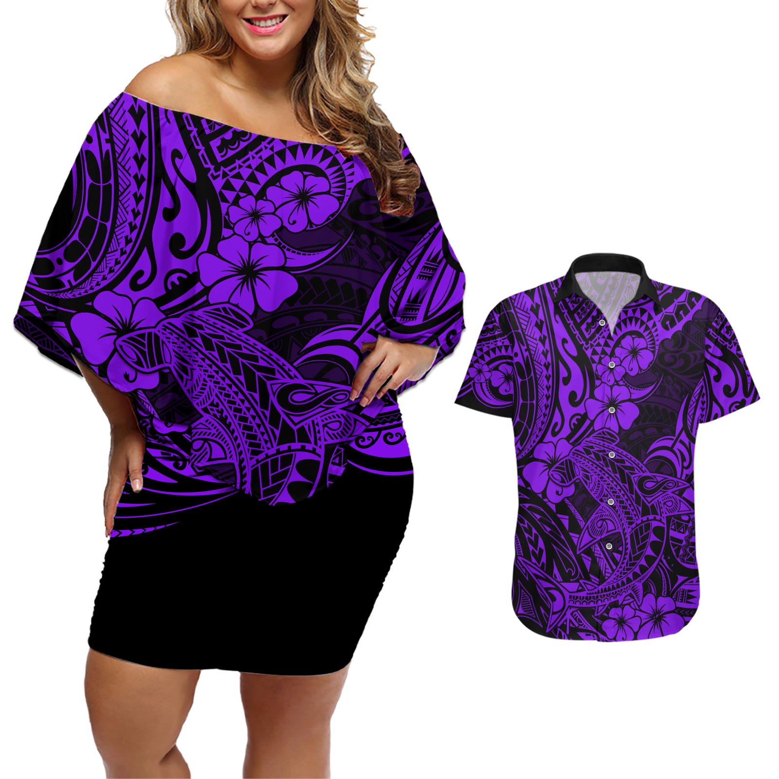 Hawaii Shark Couples Matching Off Shoulder Short Dress and Hawaiian Shirt Polynesian Pattern Purple Version - Wonder Print Shop