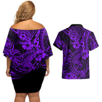 Hawaii Shark Couples Matching Off Shoulder Short Dress and Hawaiian Shirt Polynesian Pattern Purple Version - Wonder Print Shop