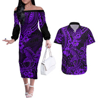 Hawaii Shark Couples Matching Off The Shoulder Long Sleeve Dress and Hawaiian Shirt Polynesian Pattern Purple Version - Wonder Print Shop