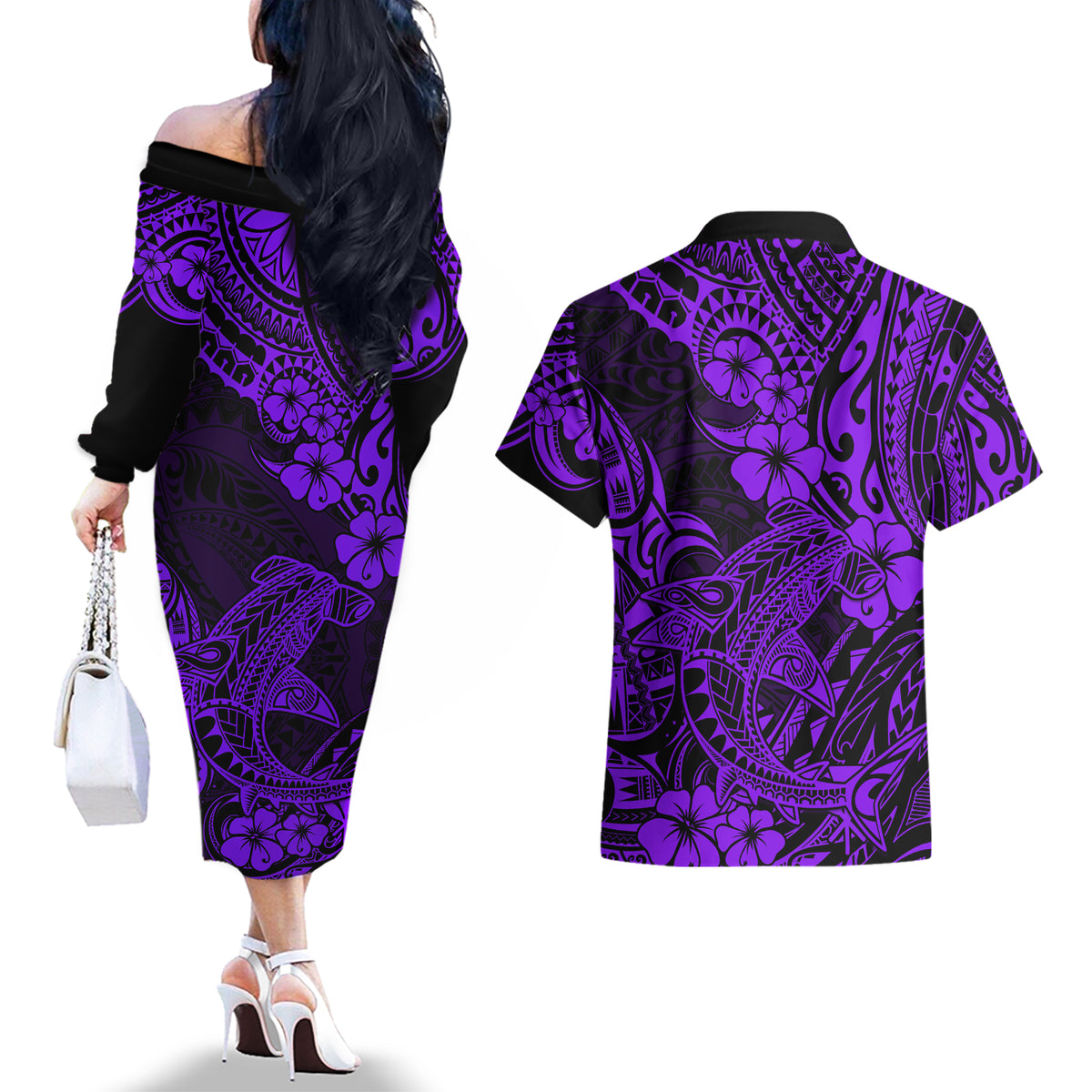 Hawaii Shark Couples Matching Off The Shoulder Long Sleeve Dress and Hawaiian Shirt Polynesian Pattern Purple Version - Wonder Print Shop