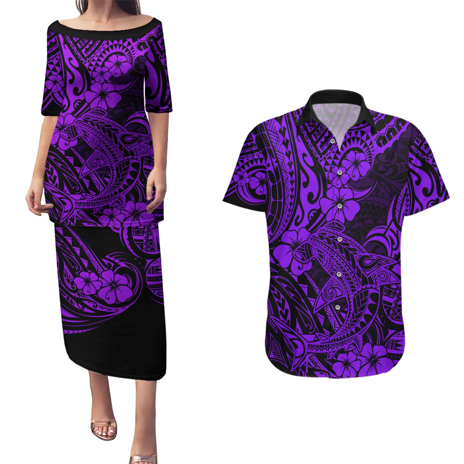Hawaii Shark Couples Matching Puletasi Dress and Hawaiian Shirt Polynesian Pattern Purple Version - Wonder Print Shop