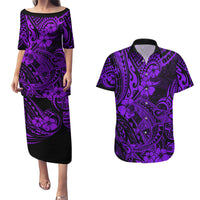 Hawaii Shark Couples Matching Puletasi Dress and Hawaiian Shirt Polynesian Pattern Purple Version - Wonder Print Shop
