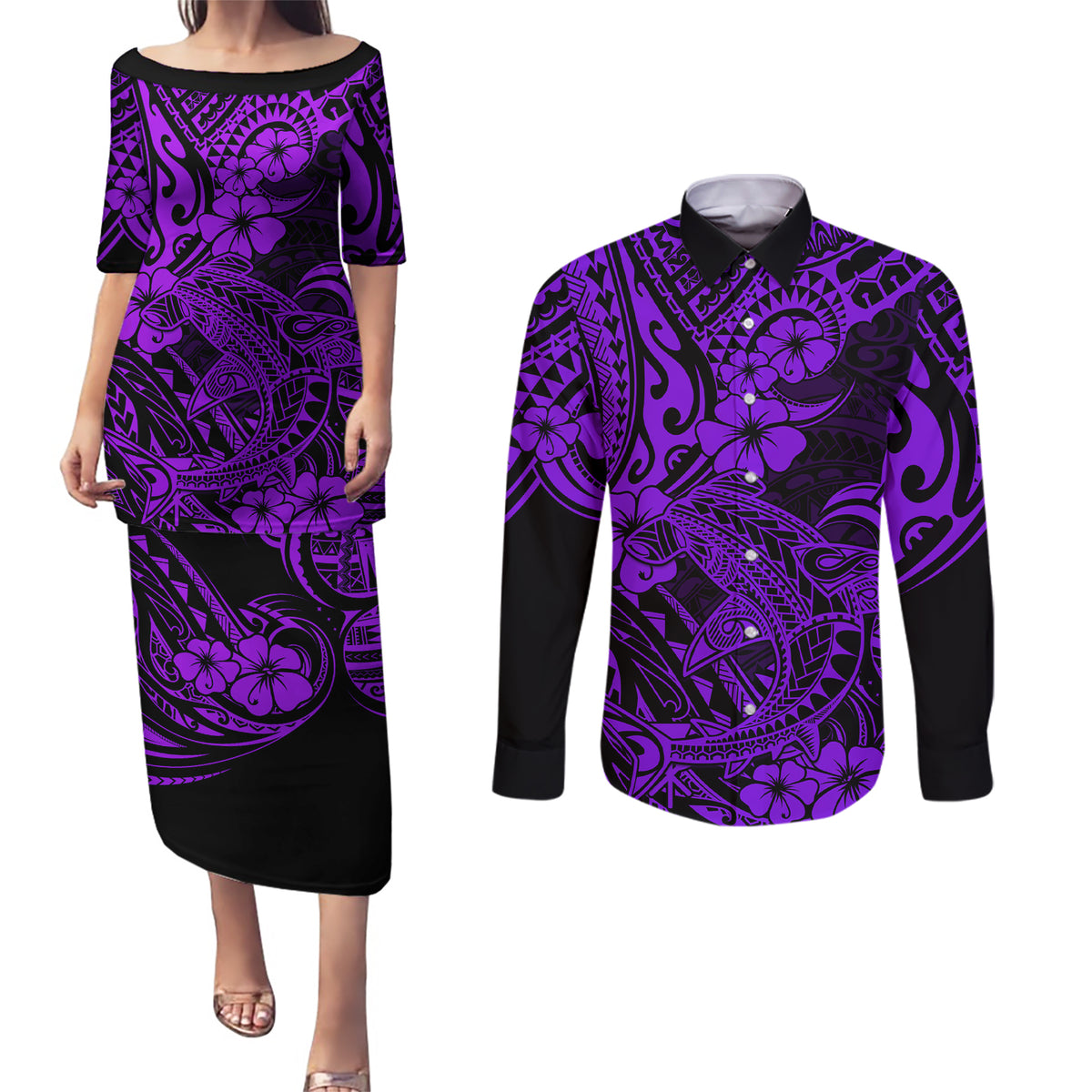 Hawaii Shark Couples Matching Puletasi Dress and Long Sleeve Button Shirts Polynesian Pattern Purple Version - Wonder Print Shop