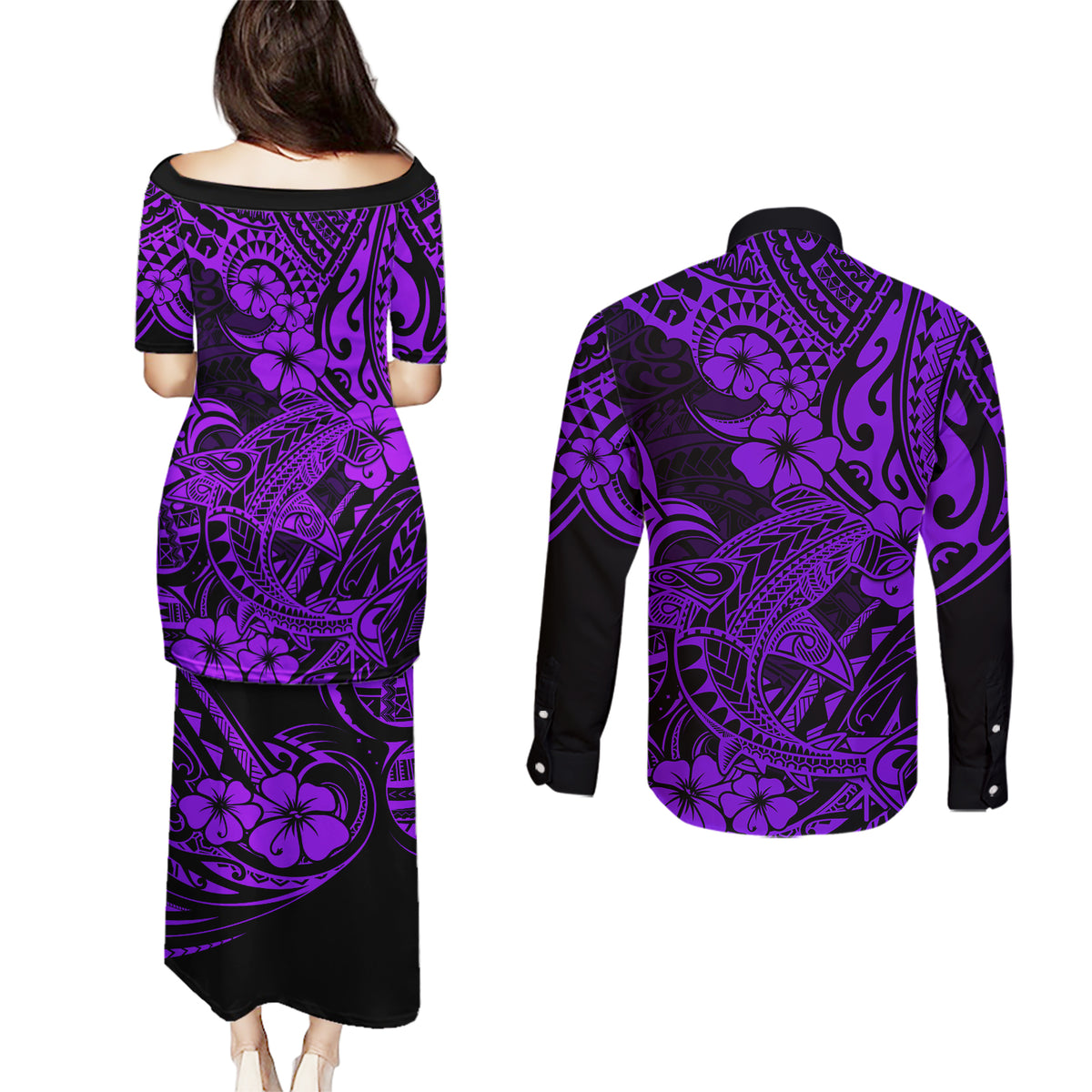 Hawaii Shark Couples Matching Puletasi Dress and Long Sleeve Button Shirts Polynesian Pattern Purple Version - Wonder Print Shop