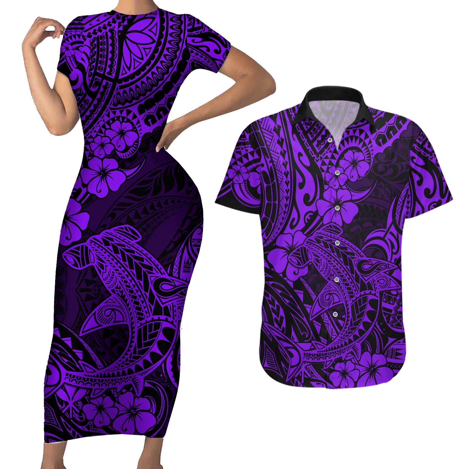 Hawaii Shark Couples Matching Short Sleeve Bodycon Dress and Hawaiian Shirt Polynesian Pattern Purple Version - Wonder Print Shop