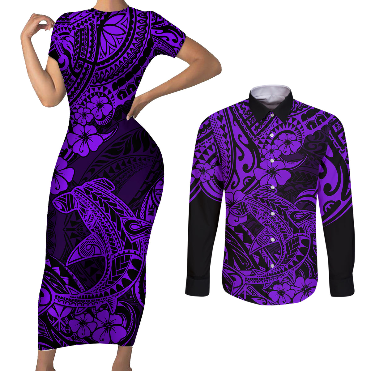 Hawaii Shark Couples Matching Short Sleeve Bodycon Dress and Long Sleeve Button Shirts Polynesian Pattern Purple Version - Wonder Print Shop